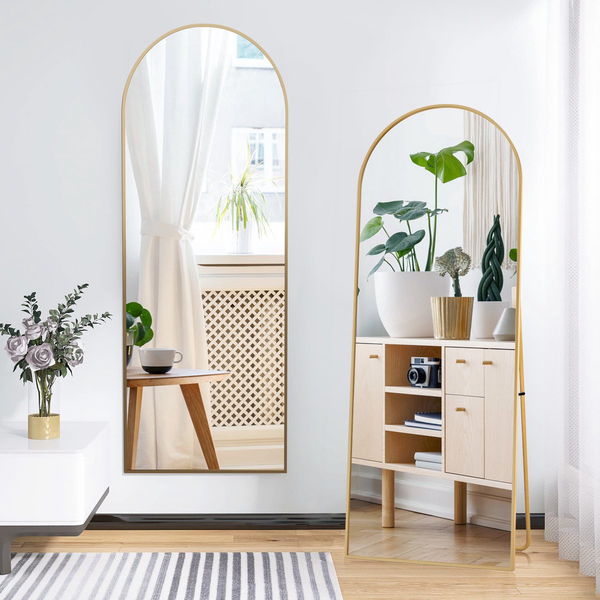 Gebogen staande spiegel 164x54 cm, met verstelbare standaard, gouden aluminium frame, hang