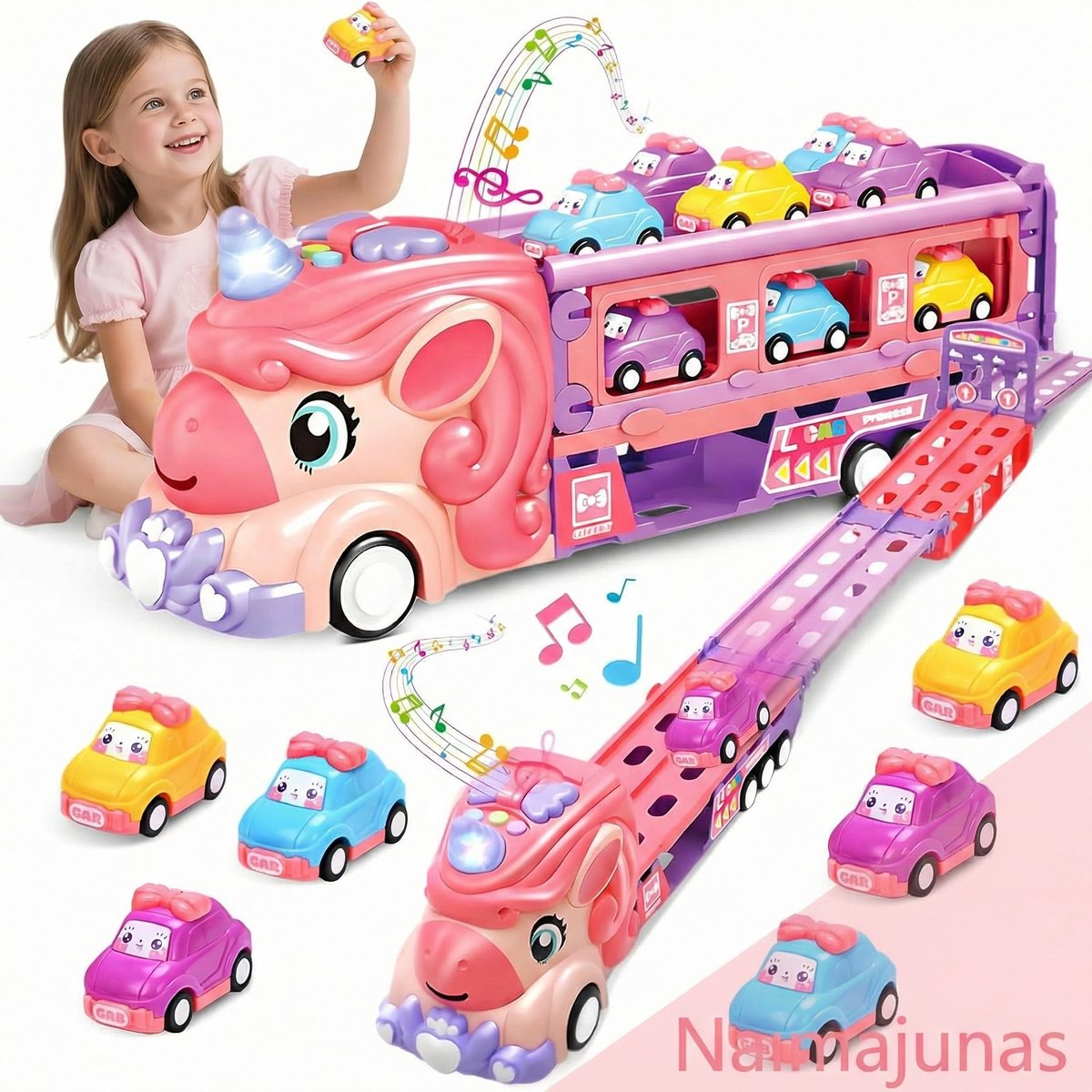 Namajunas - Roze Speelgoedtruck - speelgoed auto - 6 Mini-Raceauto' - speelgoed auto voor 1 2 3 4 5 6 jaar - Speelgoed - vrachtwagen speelgoed - Races voor Twee - Speeltrucks voor kinderen - met licht en geluid - Cadeau Meisjes 1-6 Jaar