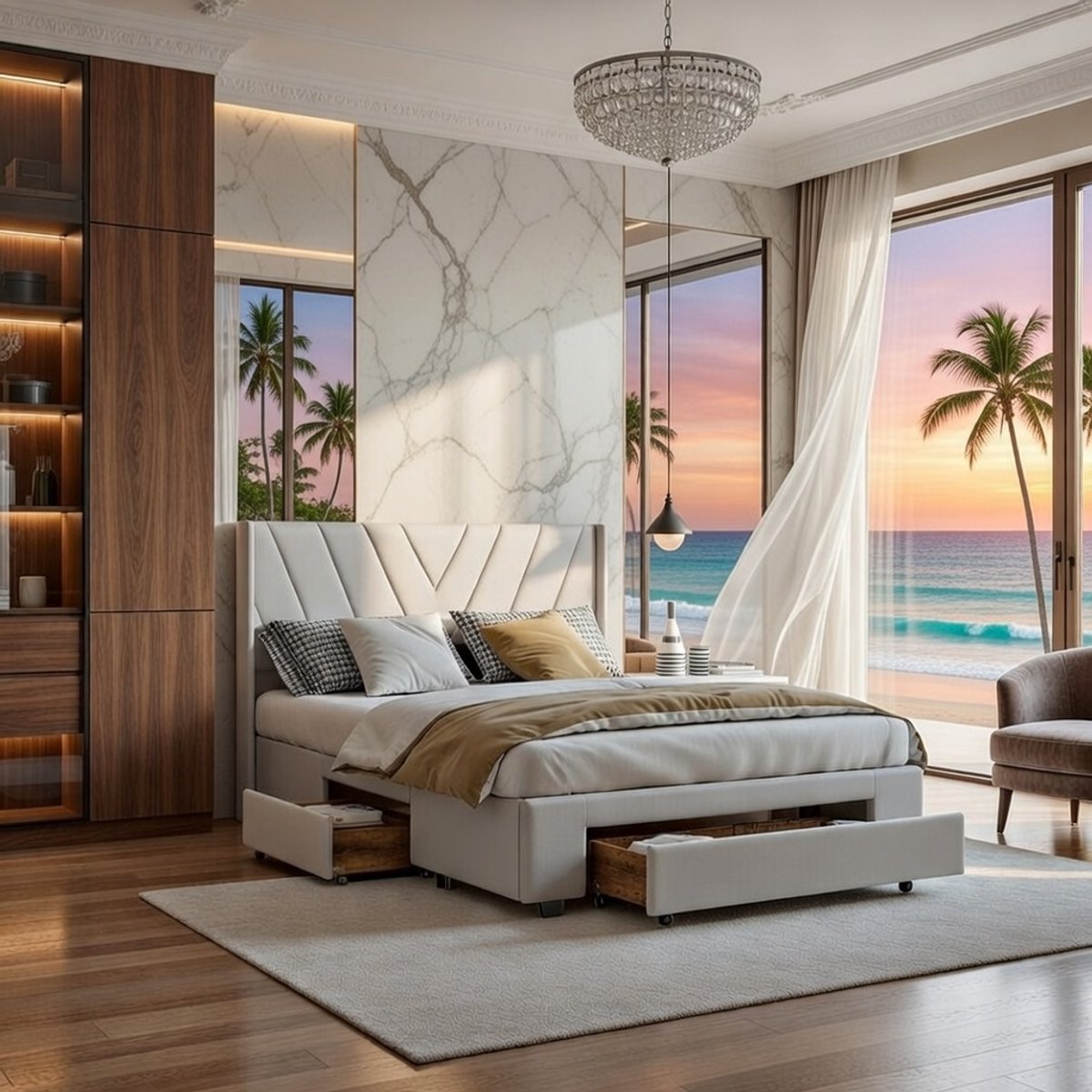 Fluweel Opbergbed 160x200 cm - Tweepersoonsbed met 4 lades, ledverlichting, USB- en Type-C-laadpaneel, modern jeugdbed en bedframe met lattenbodem - Beige linnen Casa Serena