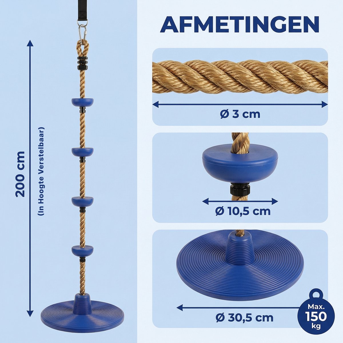 JAXY Schotelschommel - Klimtouw Schommel met Knopen - Kinderschommel Buiten - Buitenspeelgoed - Schommelzitje - Blauw — afbeelding 8
