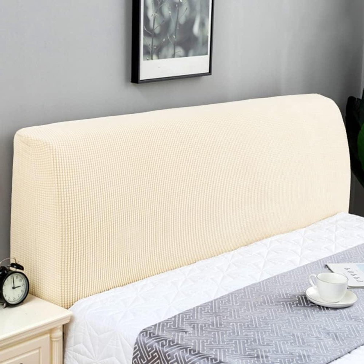 Hoofdbordbekleding voor bed 110-130 cm - Rekbare beschermhoes - Gevoerd hoofdeinde - Crème