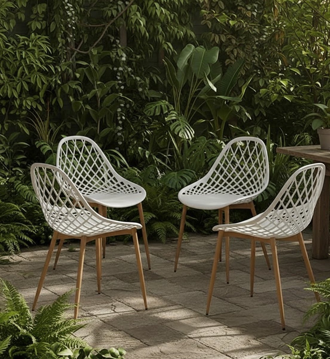 Moderne Scandinavische Eetkamerstoelen Set van 4 - Witte Kunststof Kuipstoelen mit Metallen Poten & Vertelbare Voetjes - 120 kg Draagkracht - Voor Eetkamer, Keuken en Woonkamer | Casa Serena – Afme...