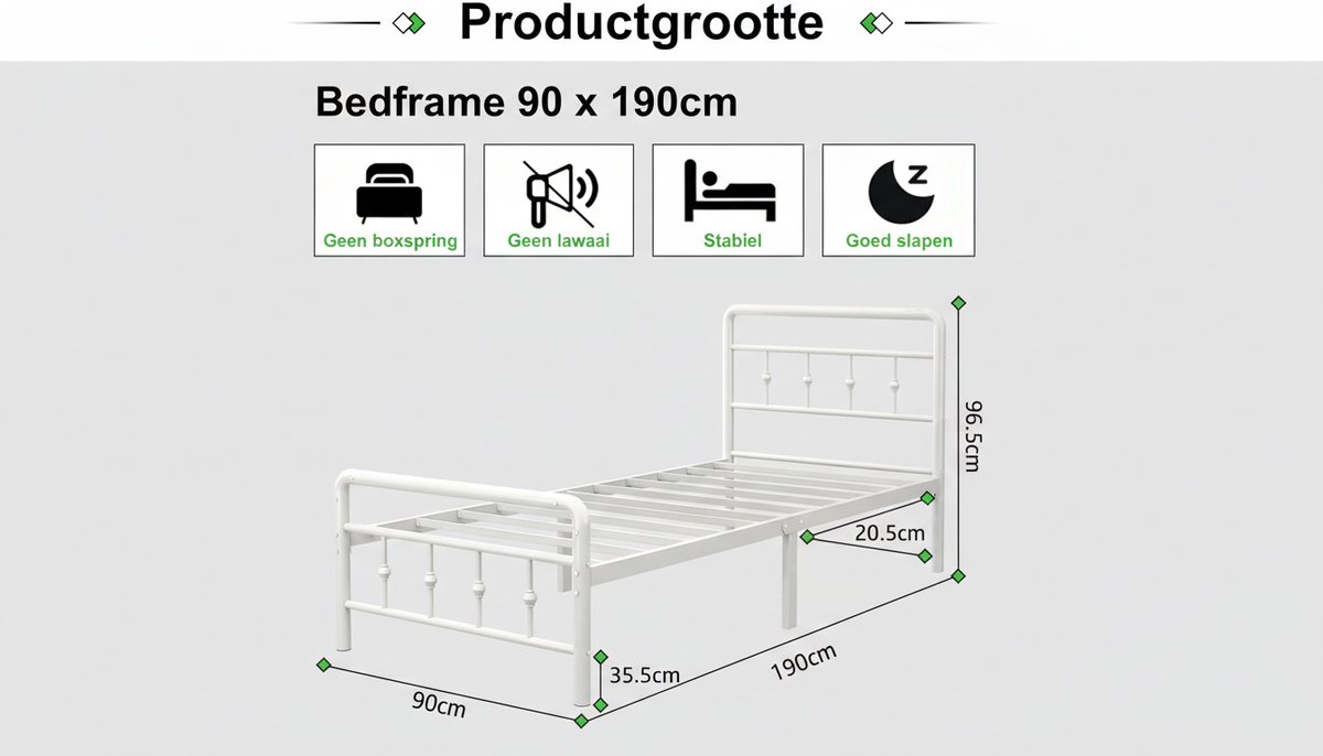 Single Bedframe 90x190 cm – Casa Velluto Vintage Stijl Metalen Bed met Hoofdeinde en Voetenbord, Heavy Duty Stalen Lattenbodem, Geluidsvrij, Duurzaam, Eenvoudige Montage, Wit