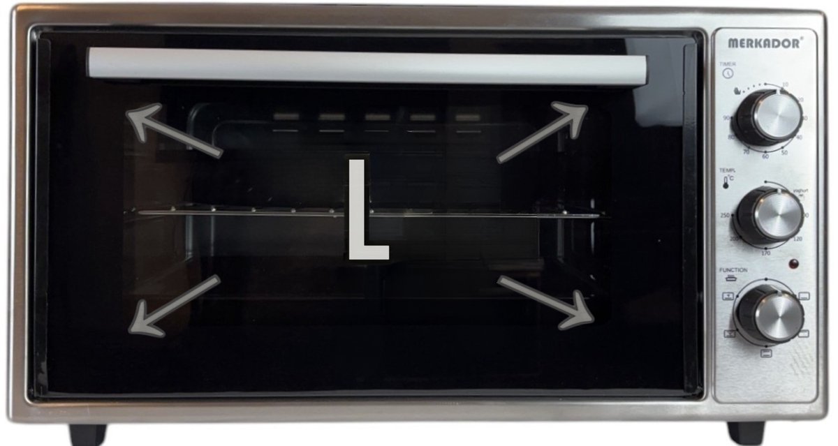 Merkador L Vrijstaande Oven - 50 Liter - 2000 Watt - RVS Afwerking - Hetelucht - Gemakkelijk Schoon Te Maken Geëmailleerde Binnenruimte