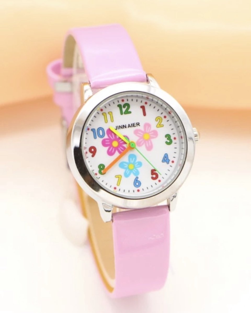 12Getit Meisjes horloge roze met bloem afbeelding en leer bandje.