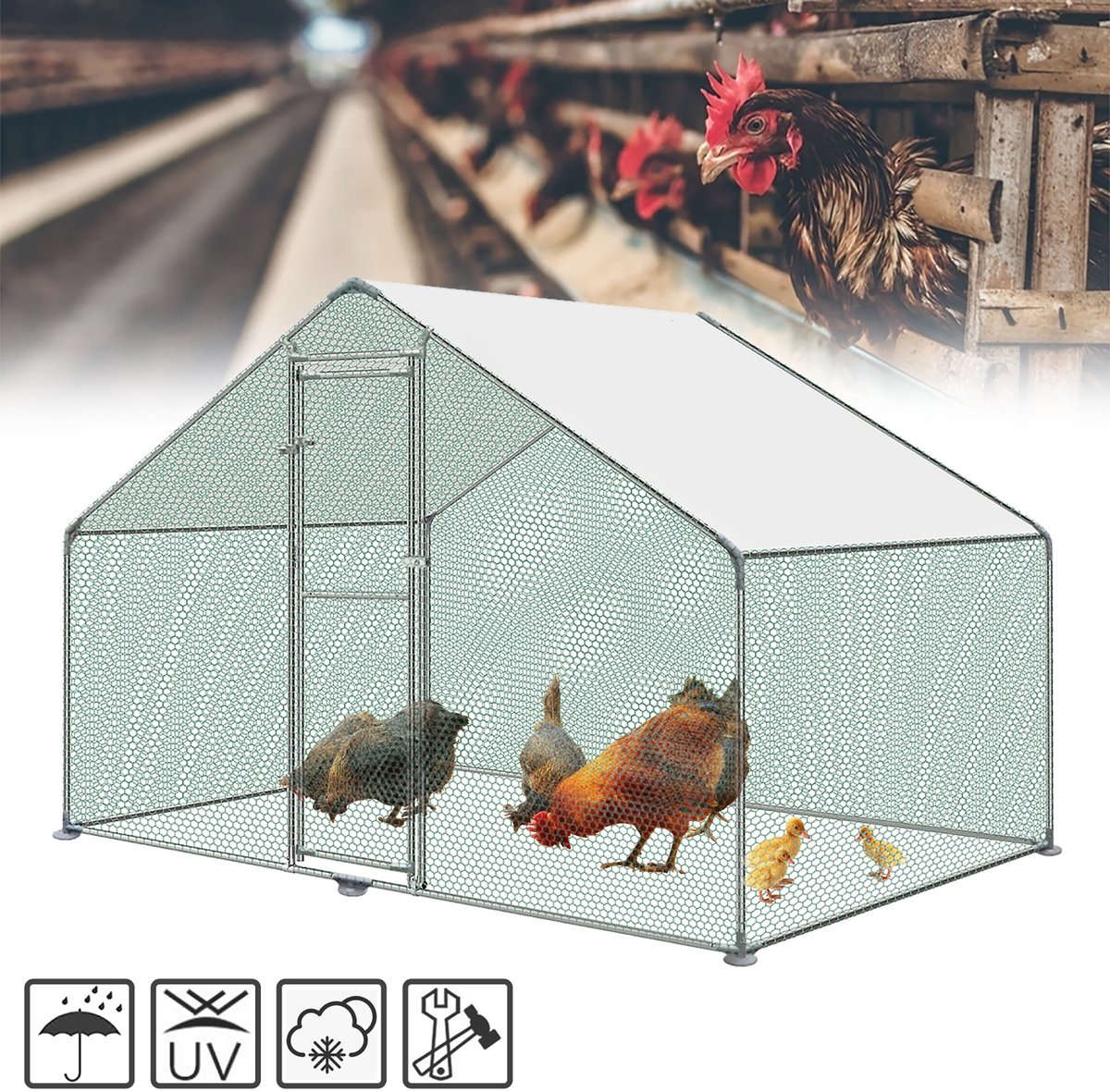 3x2x2m metalen kippenhok inloop met 6m² loopoppervlak, deur & sluiting & PE dak, buitenverblijf pluimveestallen buitenverblijf kippenhok voor kippen, kleine dieren & planten NAIZY