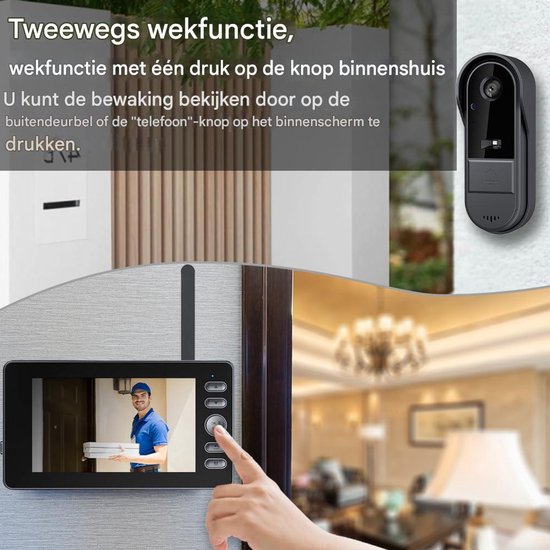 Ynkkvre - Video Deurbel – Slimme Deurbel – Deurbel met Scherm – 4,3-inch IPS – Draadloos – Geen wifi nodig – IP65 – Nachtzicht — afbeelding 2