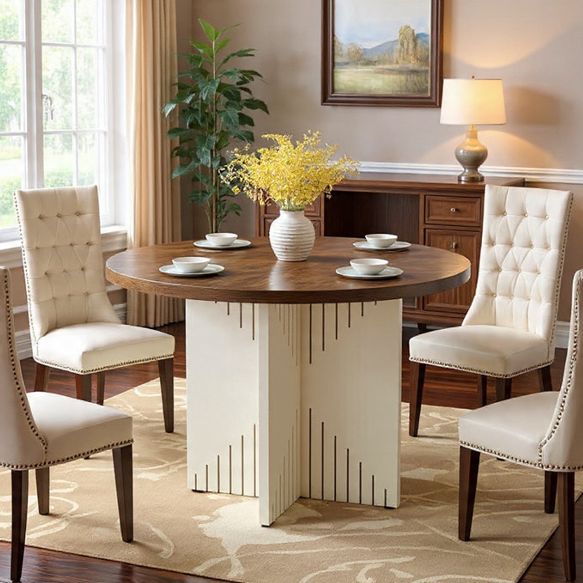 Ronde Eettafel Siena 100 cm - 4 tot 6 personen - MDF Tafelblad & Houten Sokkel - Moderne Keukentafel & Eetkamertafel in Bruin & Beige - Casa Serena – 100 cm – Casa Dorada