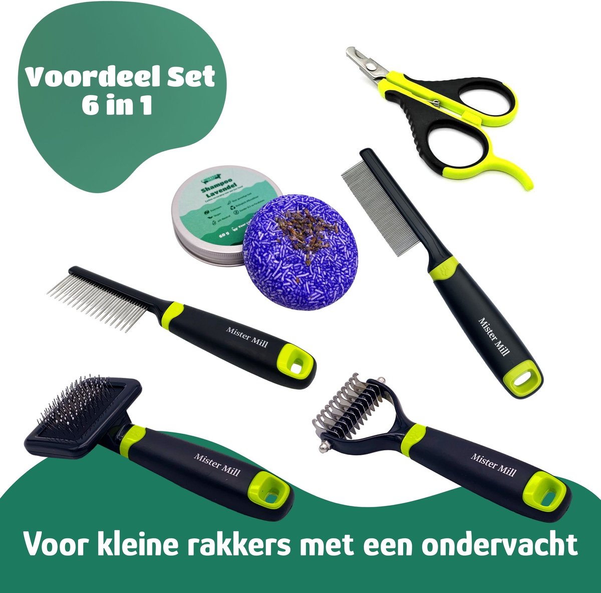 Mister Mill Voordeel Set Compleet 6 in 1 Klein: Eén borstel, drie kammen, nagelknipper klein & shampoo met netje - Hondenborstel - Kattenborstel - Hondenkam - Kattenkam