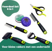 Een set van 6 stuks 2-in-1 trimschoonmaakartikelen: nagelknipper, slickerborstel, onderhoudskam, vlooienkam, ruikam en shampoo met netje.