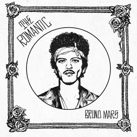 Een zwart-wit illustratie van Bruno Mars, getiteld 'THE ROMANTIC BRUNO MARS', omgeven door een kader met rozen.