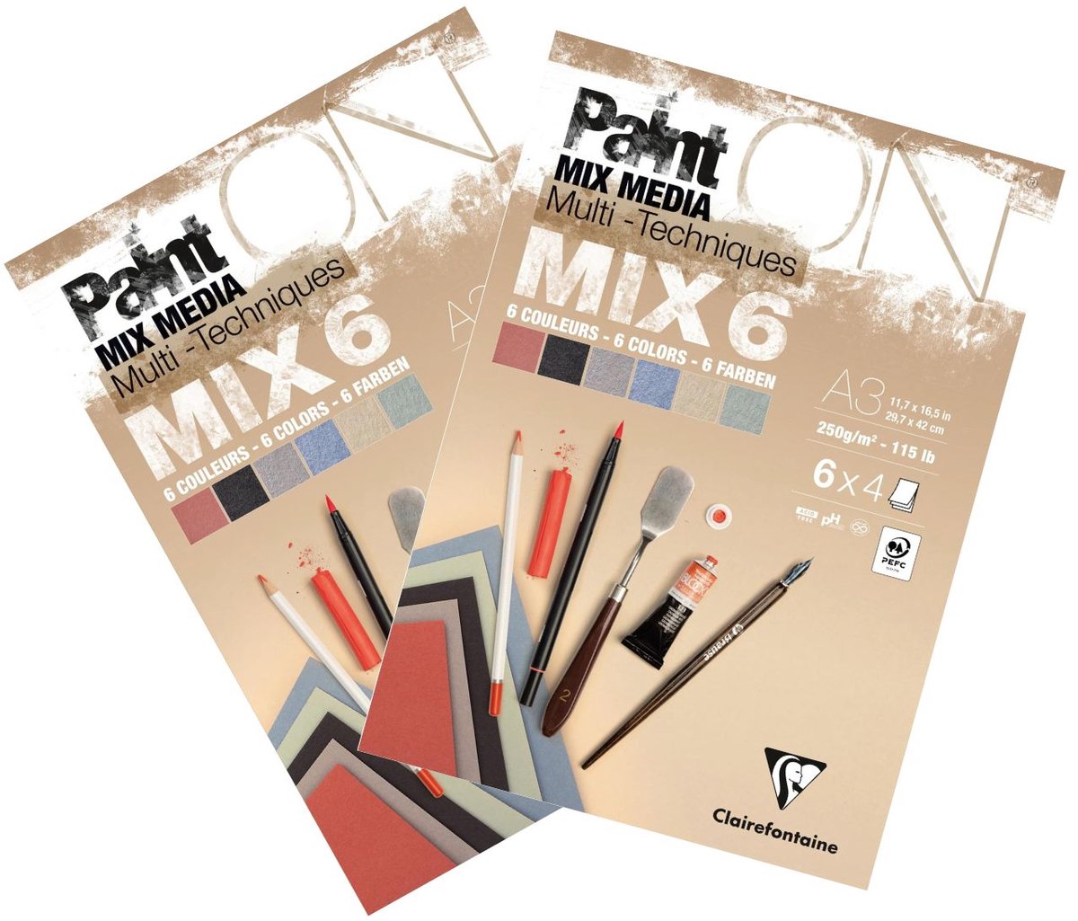 ClaireFontaine Paint ON - Tekenpapier - Schilderpapier - 6 kleuren - A3 - 29,7 x 42 cm - 250g - 24 vel - 2 stuks