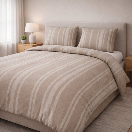 Housse de Couette Saphira EXCLUSIVE – Rayures Taupe – 200x200/220 cm – Deux Personnes – Incluse 2 Taies d'Oreiller 60x70 cm – Coton Premium