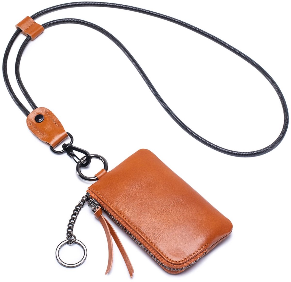Leren Sleutel Etui & Muntportemonnee – 3-in-1 Mini Portemonnee met Rits, Pasjeshouder en Nekkoord – Leer - Bruin