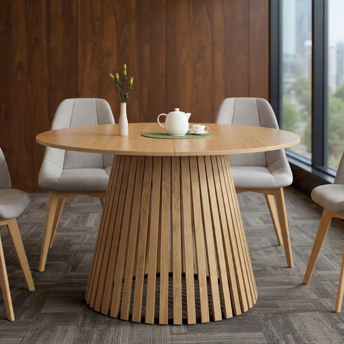 Ronde Eettafel Carmen Naturel 110 cm - 6 personen - Massief Houten Tafelblad - Houten Lattenvoet - Moderne & Scandinavische Eetkamertafel - Casa Serena – 110 cm – Casa Dorada