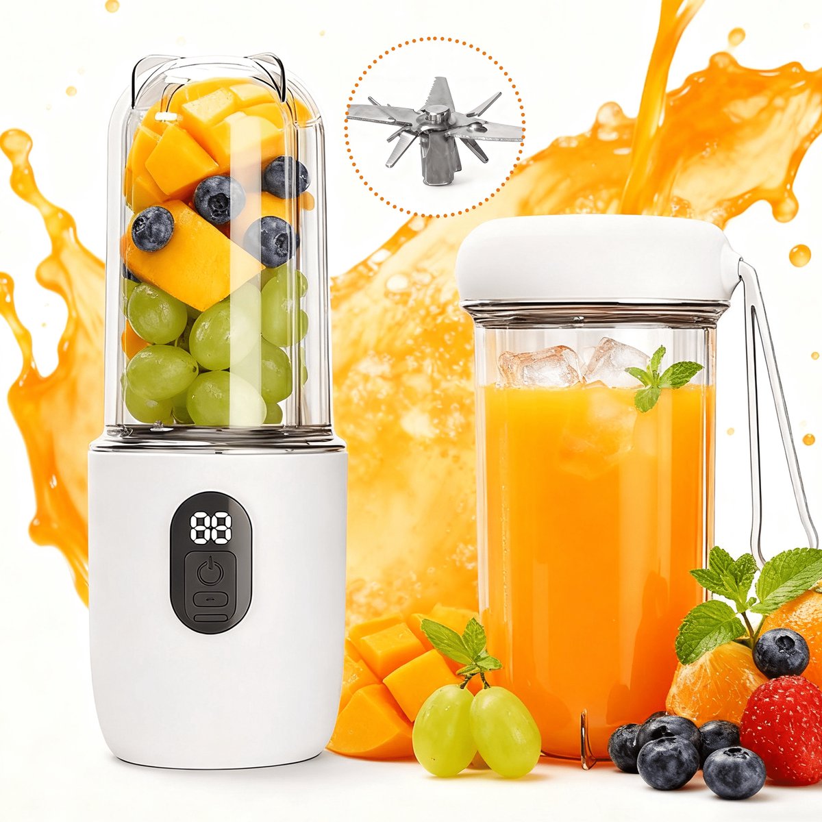 Draagbare blender met 16 duurzame roestvrijstalen messen, 500 ml (17 oz) inhoud, snoerloze mini-smoothie-/sapcentrifuge/blender, geschikt voor buiten, kamperen en andere gelegenheden, wit.