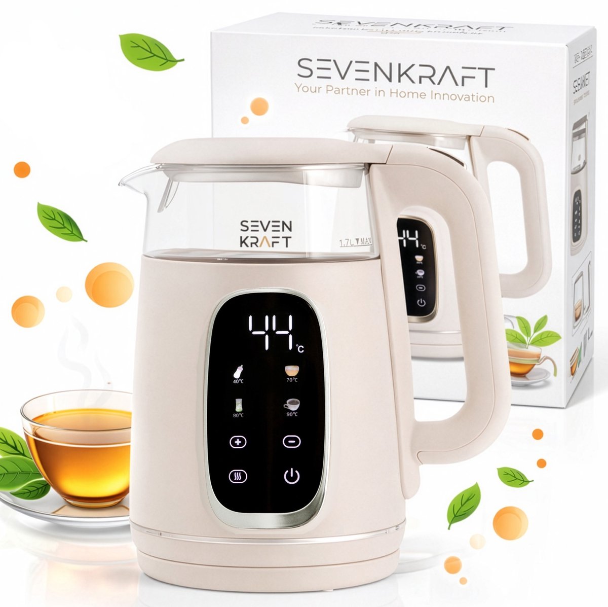SEVENKRAFT Design Waterkoker 1,7L - Instelbare Temperatuur (40-100°C) - Beige - Waterkoker Retro - Waterkoker met temperatuurregeling- Glas - 2200W — afbeelding 4