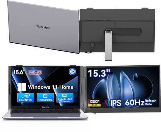Blackview Hibook 6 Laptop + SCM8 15,3" Draagbare Monitor Set, 16GB+256GB, FHD IPS Scherm, Dual-band WiFi, Kantoor & Studie Set (incl. Laptop tas, Muis, etc., Grijs)