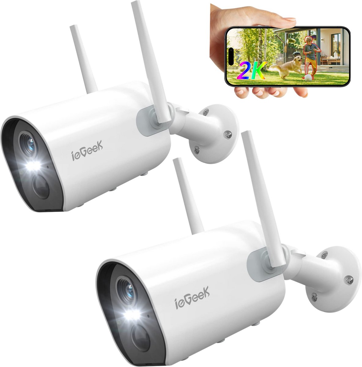 ieGeek Bewakingscamera Voor Buiten – 2K HD 3MP - Buiten Camera Met Nachtzicht – Buitencamera - Beveiligingscamera Buiten - Met WiFi en APP - 2 Stuks