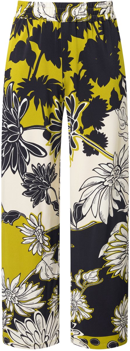 Ulla Popken - Dames - Slinky broek van piqué bloemen wijde pijpen - Mosterdgroen - Maat 42+