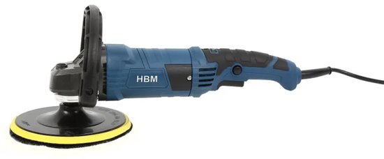 Blauwe HBM polijstmachine met zwarte handgrepen en een witte polijstpad met gele rand.
