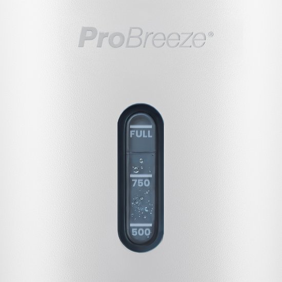 Close-up van de witte Pro Breeze luchtontvochtiger met waterniveau-indicator.