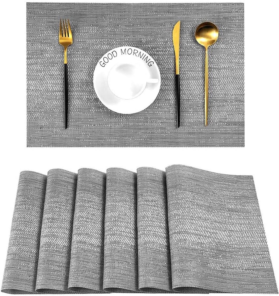 Set van 6 Grijze Placemats - Hittebestendige en Antislip Tafelmatten - Wasbaar PVC Vinyl