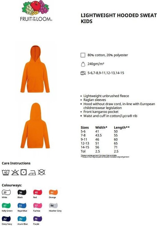 Fruit of the Loom Kids hoodie - Maat 116 (5-6) - Kleur Wit