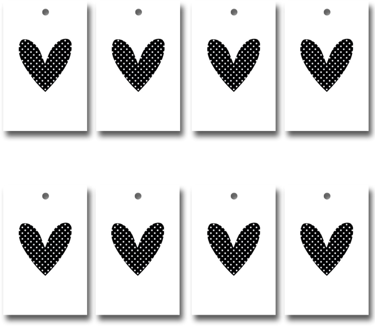 8x Label / Kaartje van karton / Cadeaulabels / Labels | HARTJE | 85 x 55 mm | wit-zwart