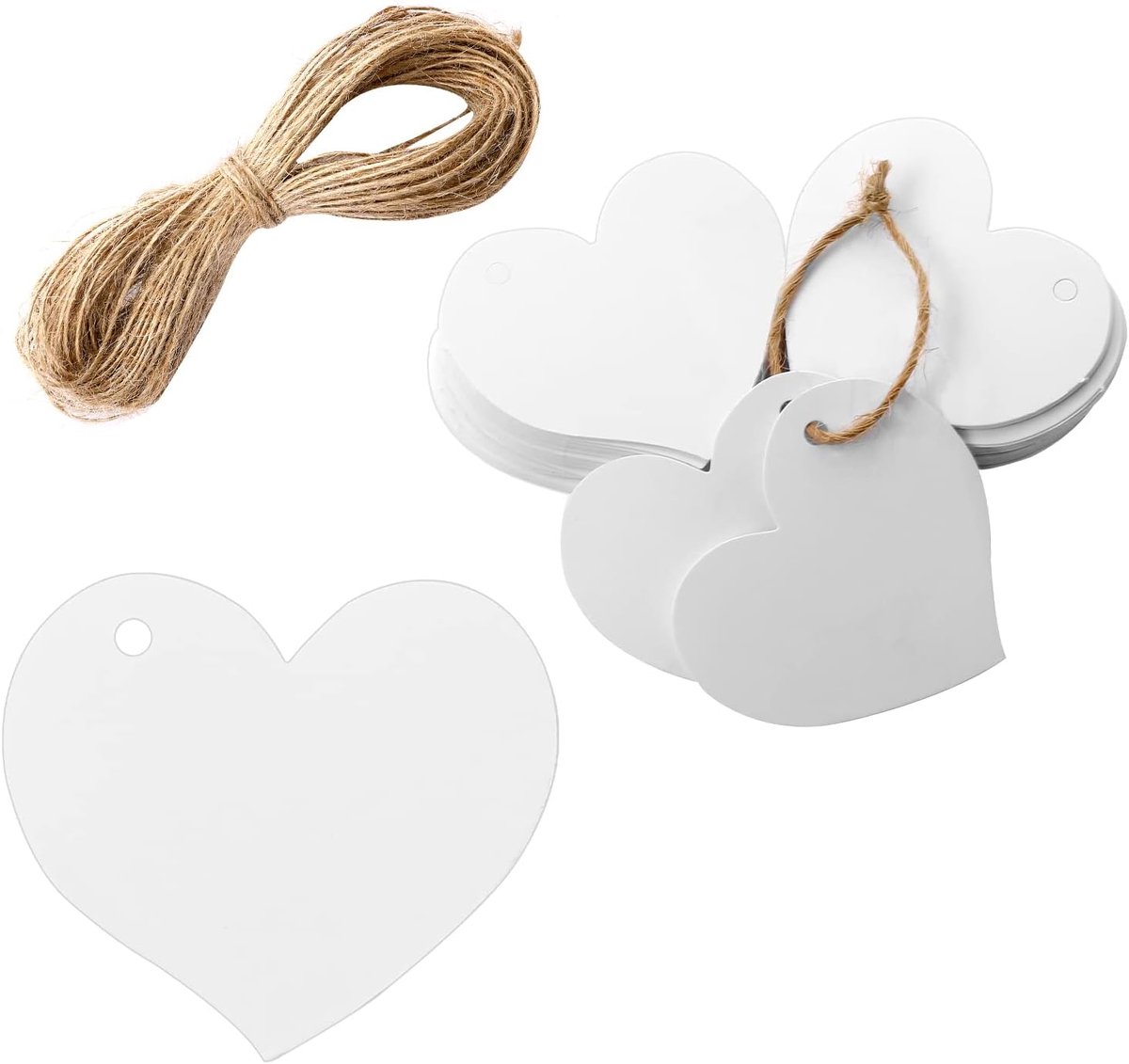 Imperatoris - Cadeau Tags - Labels - Kado Etiketten - Kraftpapier - Wit - Karton aan touwtjes -100 stuks Hartvormige kraftpapieren labels - 4.5 x 4 cm - 1 m