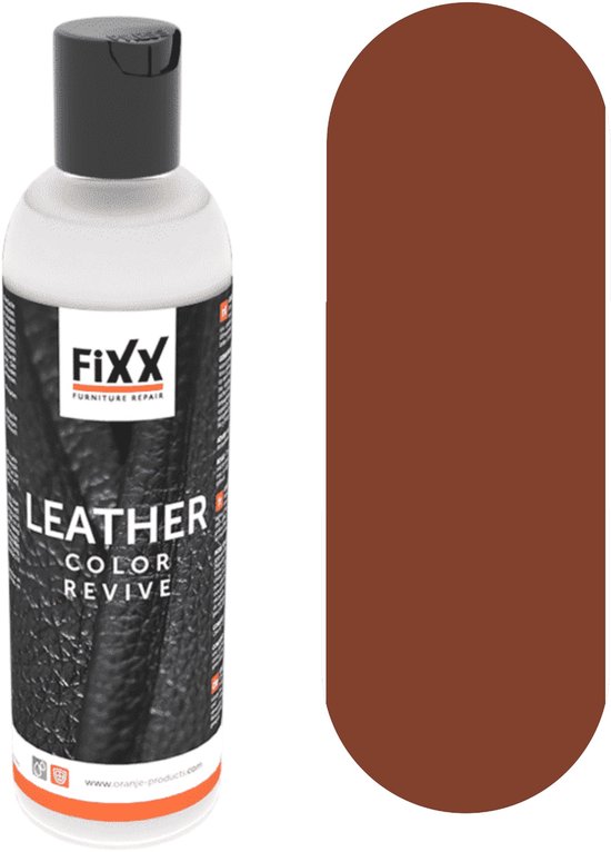 Fles met bruine "Leather Color Revive" leerverf, met een kleurstaal ernaast.