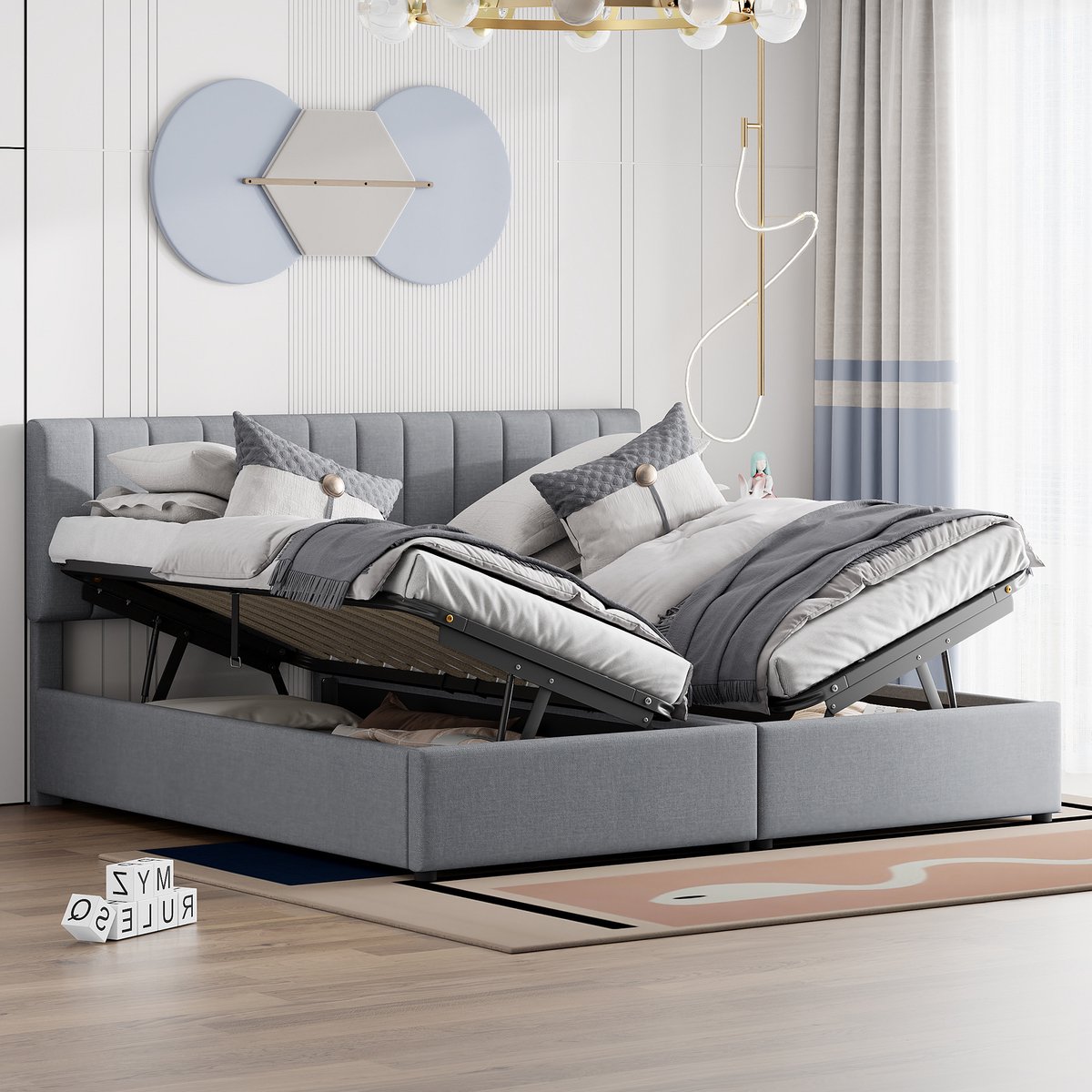 Gestoffeerd bed 180x200 cm met opbergruimte - hoge bedstee - multifunctioneel tweepersoonsbed - grijs - zonder matras
