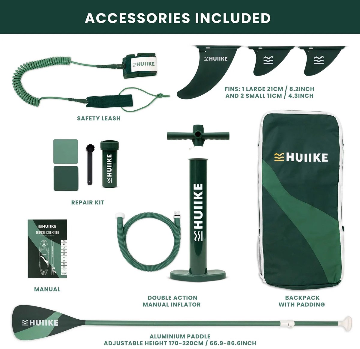 HUIIKE SUP Board - Opblaasbaar Paddle Board met Accessoires, Peddel, Vinnen, Pomp - Stand Up Paddle met Hoge Stabiliteit - 305 x 84 x 15 cm - Max. 130 kg – foto 2