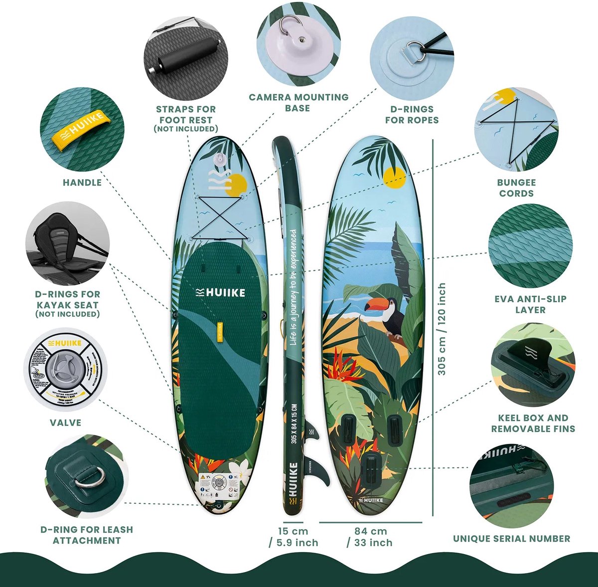 HUIIKE SUP Board - Opblaasbaar Paddle Board met Accessoires, Peddel, Vinnen, Pomp - Stand Up Paddle met Hoge Stabiliteit - 305 x 84 x 15 cm - Max. 130 kg – foto 3