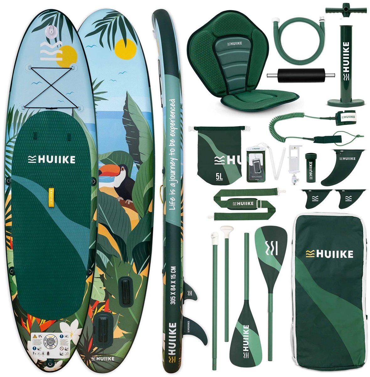 HUIIKE SUP Board - Opblaasbaar Paddle Board met Accessoires, Peddel, Vinnen, Pomp - Stand Up Paddle met Hoge Stabiliteit - 305 x 84 x 15 cm - Max. 130 kg