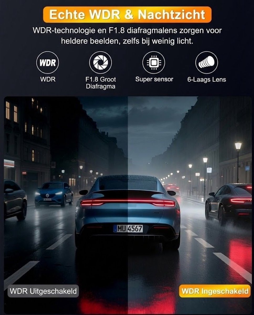 SNJY® Dashcam voor Auto - Auto Camera - Dashcam Voor en Achter Draadloos - 4 K - 64 GB - Zwart – foto 2