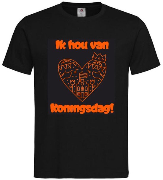T-shirt Kinderen "Ik hou van Koningsdag" Op Voorkant EK Voetbal Europees Kampioen Kampioenschap Oranje Koning Koningsdag | korte mouw | Zwart/oranje | maat 146/152