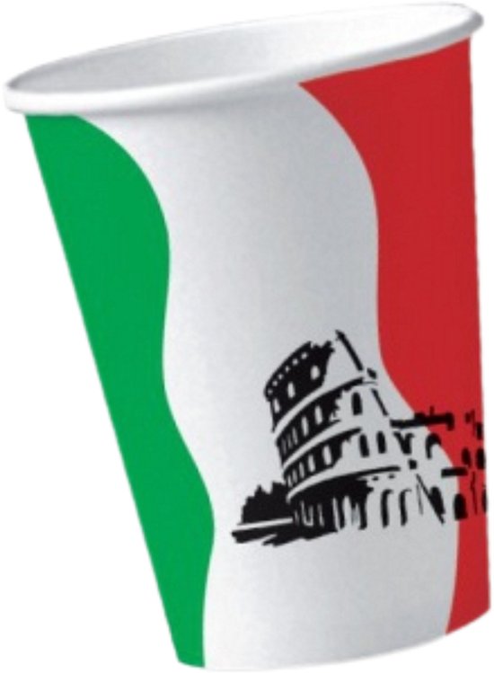 Wit papieren bekertje met de Italiaanse vlagkleuren groen, wit en rood en een zwarte afbeelding van het Colosseum.