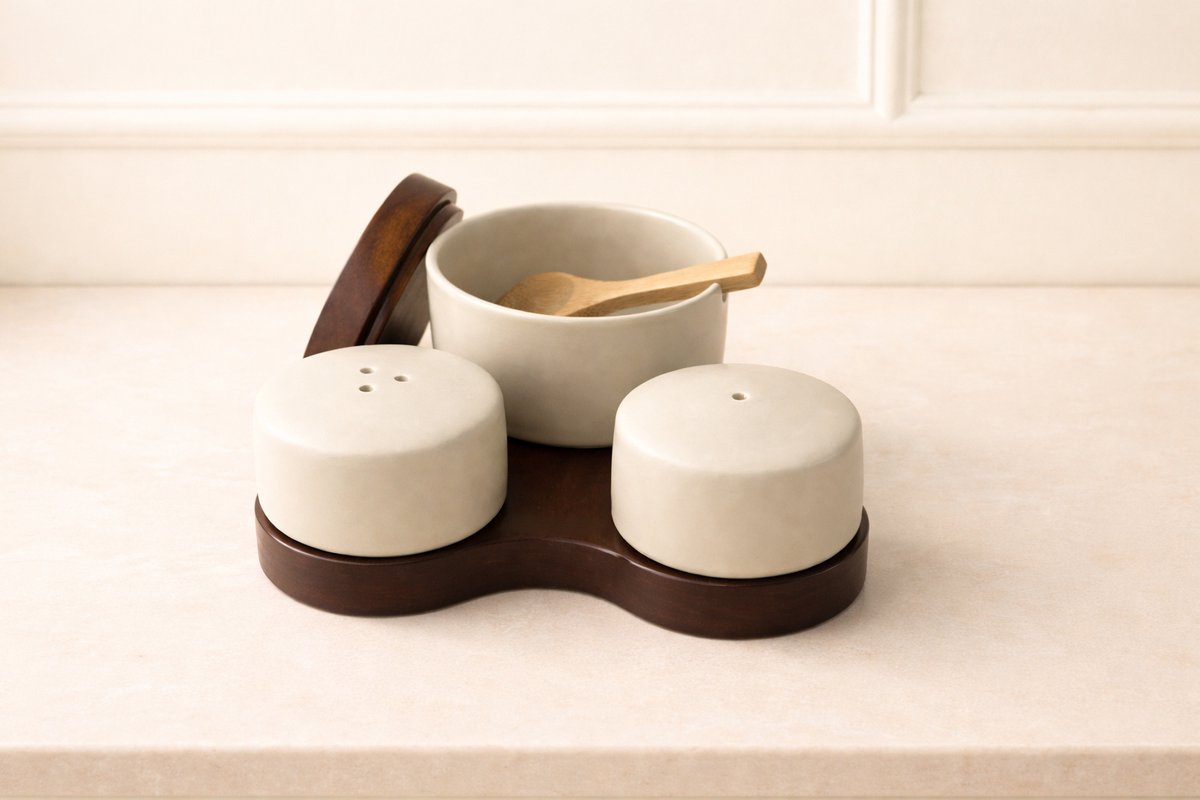 Mevaz Suikerpot met zout- en peperstrooier set – keramiek – houten tray + lepeltje – 3-delig – keuken organizer