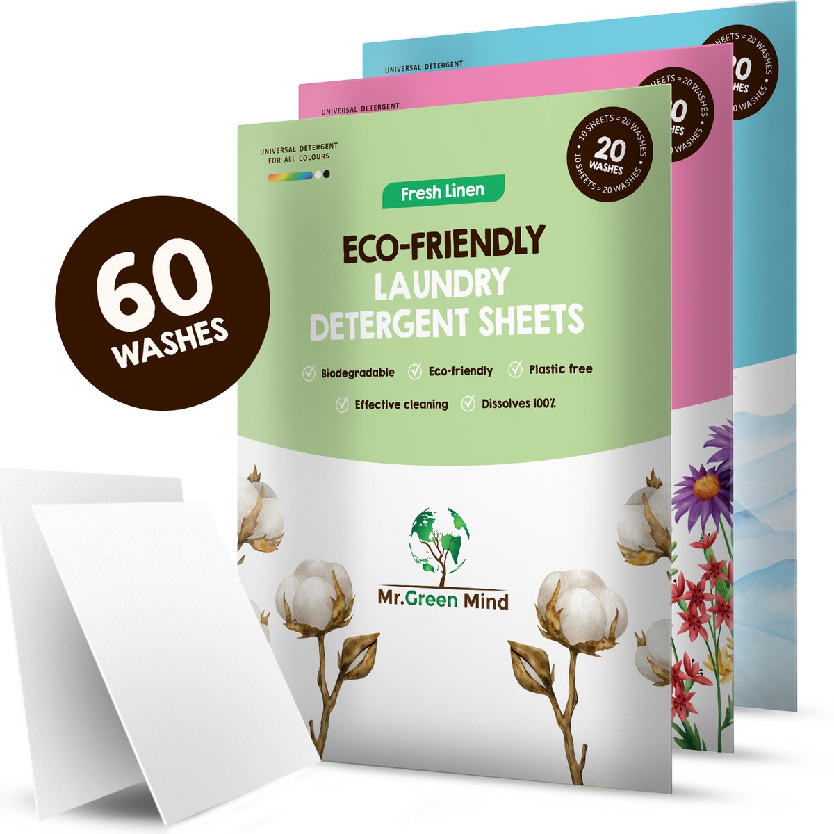 Proefpakket Wasstrips ECO 60 Wasbeurten in 3 Geuren Milieuvriendelijke Wasmiddeldoekjes Wasvellen Wasmiddel Voordeelverpakking incl. wasverzachter wasdoekje