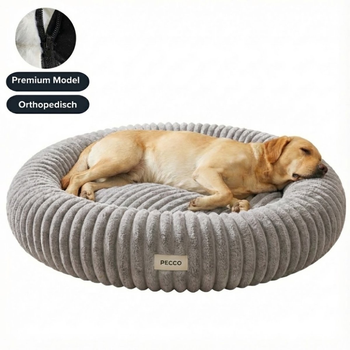 Pecco Grote ronde hondenmand - Orthopedische hondenmand voor grote honden - Rond 100 cm - Lichtgrijs rib