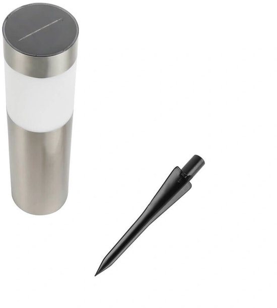 RVS solar tuinlamp met witte lichtkap en grondspies, los van elkaar gefotografeerd.