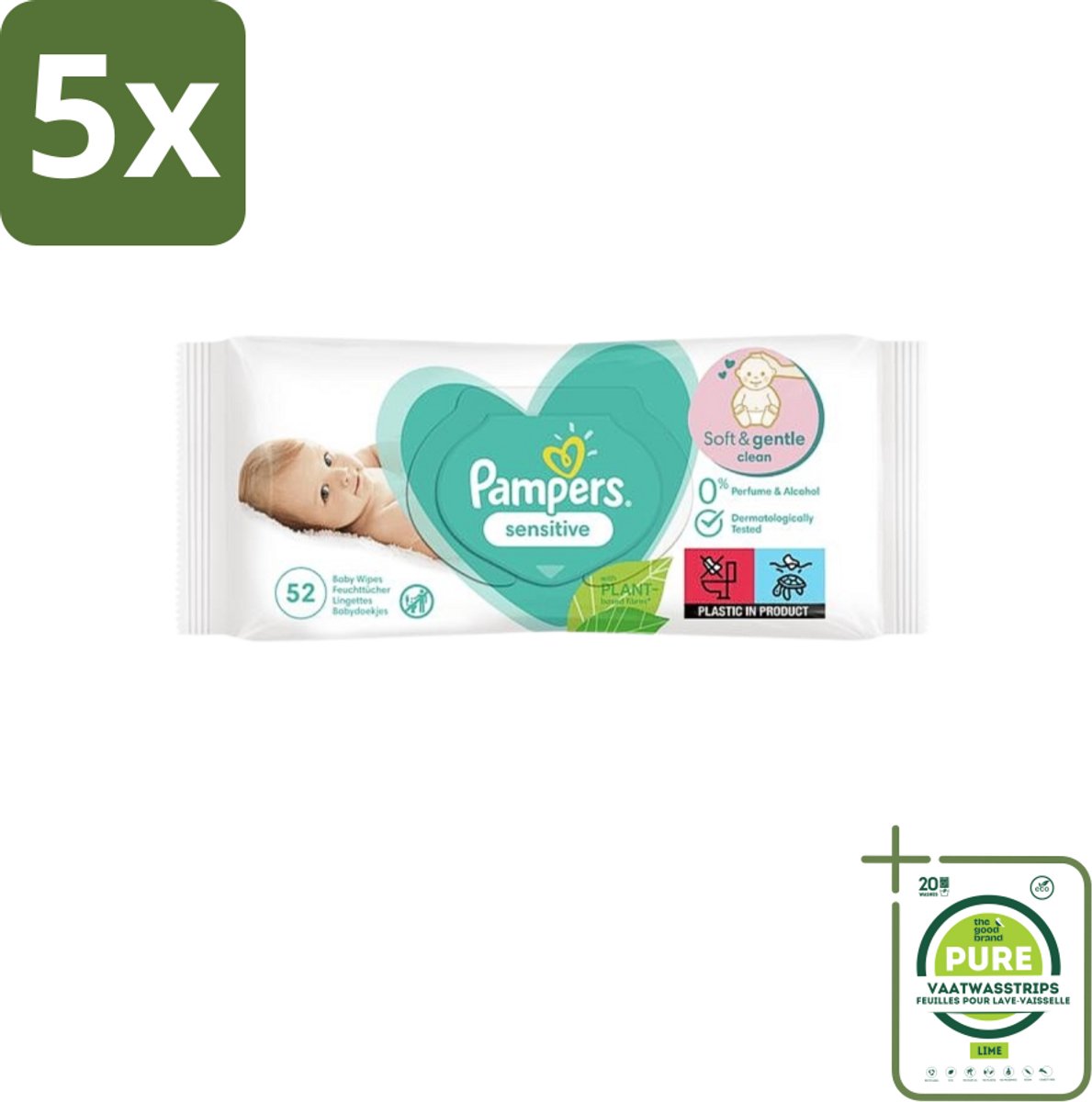 5 x Pampers – Babydoekjes – Sensitive – 52 Doekjes - Grootverpakking - Gevoelige Babyhuid - Pasgeboren Baby - Milde Reiniging - Zachte Doekjes - Baby Verzorging
