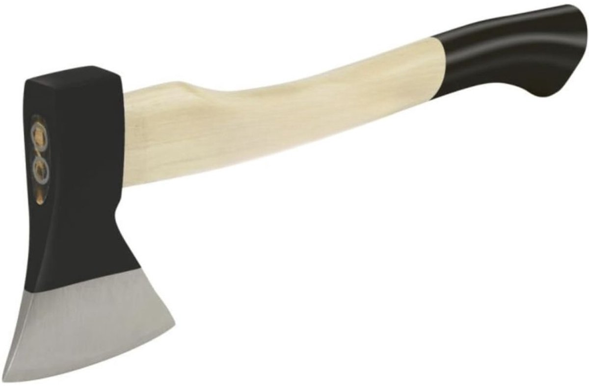 Famanu – Handbijl 600 g met hickorysteel - compacte en robuuste bijl voor houtbewerking - aanmaakhout en tuinwerk - schokabsorberende houten steel - geschikt voor kloven en hakken