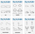 Pictionary Hintkaarten met tekeningen: bus, vampier, muis, vrachtwagen, dinosaurus, kreeft.