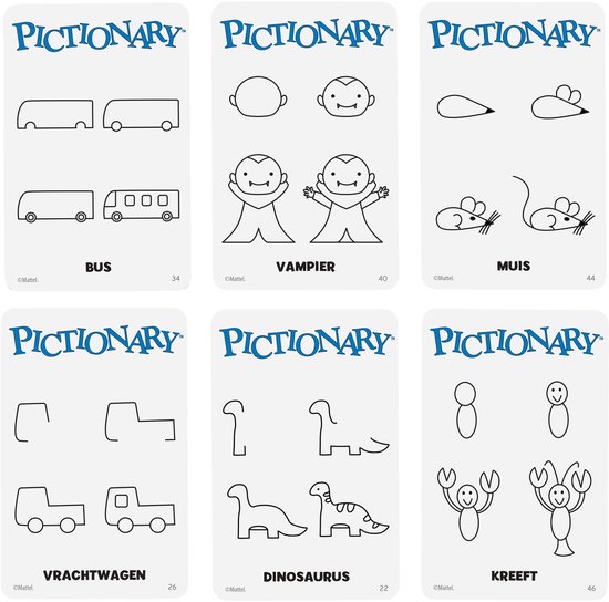 Pictionary Hintkaarten met tekeningen: bus, vampier, muis, vrachtwagen, dinosaurus, kreeft.