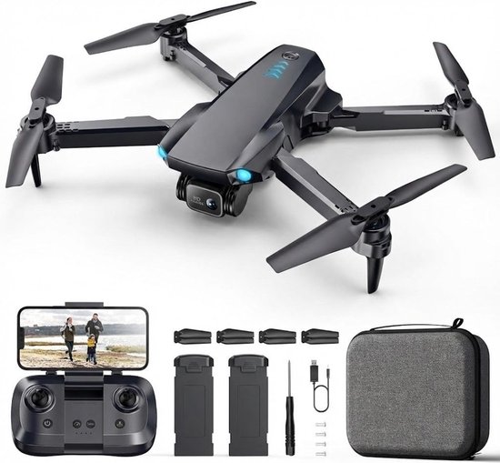Zwarte opvouwbare drone met camera, controller, 2 batterijen, oplaadkabel en draagtas.