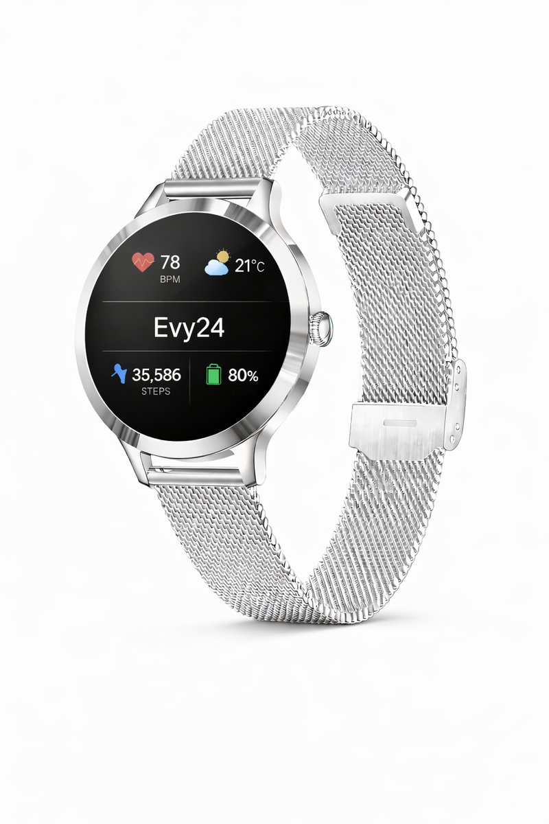 Evy24 Smartwatch Dames 35mm – AMOLED Smartwatch Horloge – Stappenteller, Slaapmonitor & Saturatiemeter – Bluetooth Bellen – Fitness Tracker voor Android & iOS – Zilver