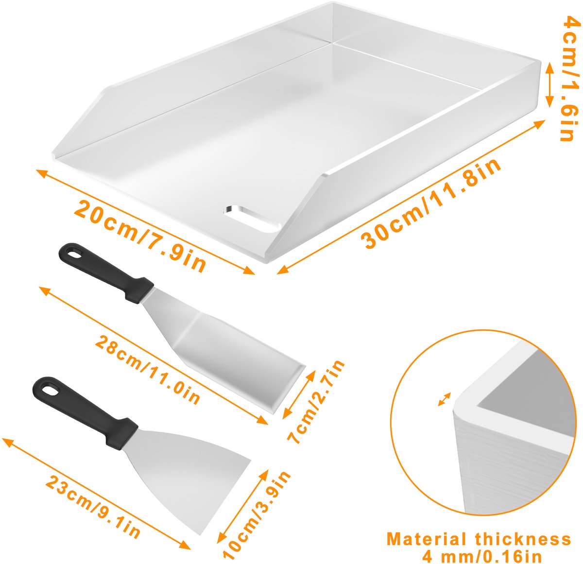 Froadp Plancha-grillplaat 20x30x4 cm - 4 mm roestvrijstalen grillplaat voor gas en houtskool, met grillspatel en schraper - Roestvrij, hittebestendig - Universeel voor barbecue, steak, groenten (zonder handvat)