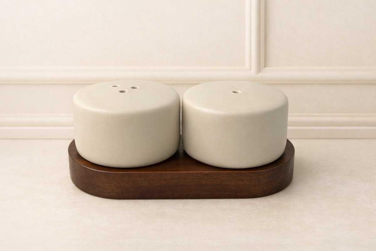 Mevaz Luxe Zout & Peper Set – Keramische Strooiers met Houten Houder – Crème Beige – Japandi Design